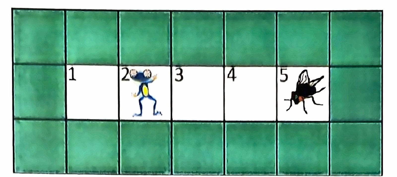 A simple 1D grid world used to explain Q-learning: a frog agent learns to move toward a fly across five squares